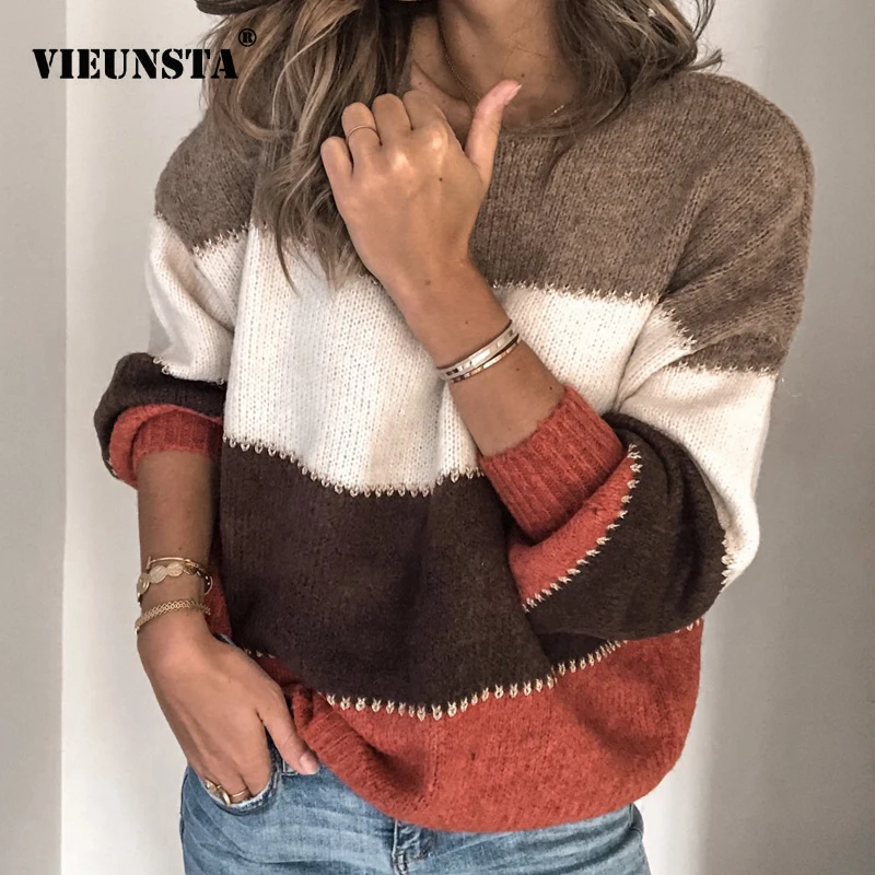 

VIEUNSTA Fashion Patchwork O-neck Autumn Winter Sweater 2019 Women Long Sleeve Warm Knitted Sweaters Pullover Female Tops Jumper