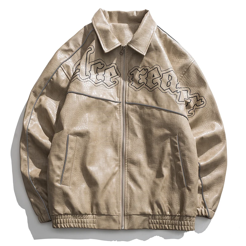 Waliicorners Men Reflective Strip Outerwear Street Loose Pilot Zipper Coat PU Leather Bomber Jacket 11 H4f12abb90b0a45d1b3d825c9e9cbfcdc7