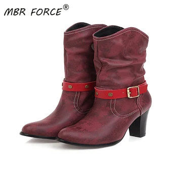 

MBR FORCE 2020 ladies new round toe winter shoes mid-calf high-heeled high-quality PU leather boots with non-slip rubber sole