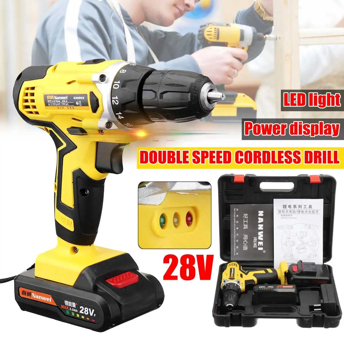 

28V Electric Cordless Drill Driver Screwdriver Li-Ion Battery LED Light Battery 1/2-Inch 2-Speed