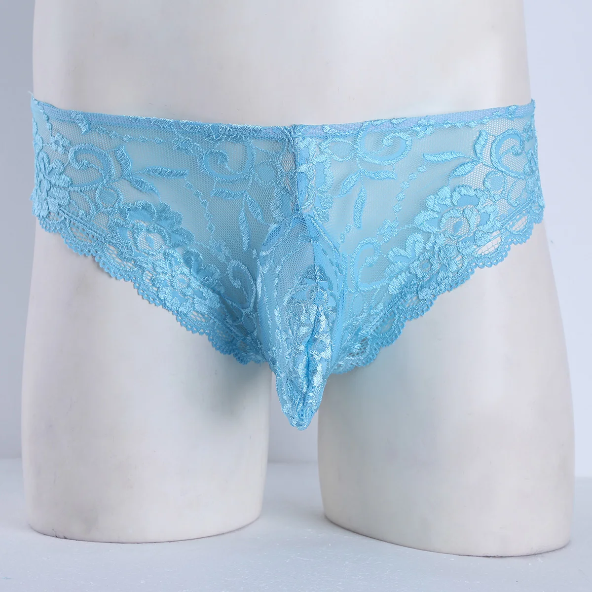 Mens Lingerie Sissy Panties Lace Floral Bulge Pouch Low Rise Bikini Briefs Semi-see Through Mesh Bikini Underwear Underpants