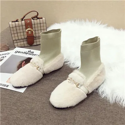 Бренд molan, дизайнерские,, зимние, новые, Роскошные, металлические с украшениями из кристалла, цепь, мягкие, теплые, кроличья шерсть, удобные короткие сапоги, женская обувь - Цвет: Бежевый