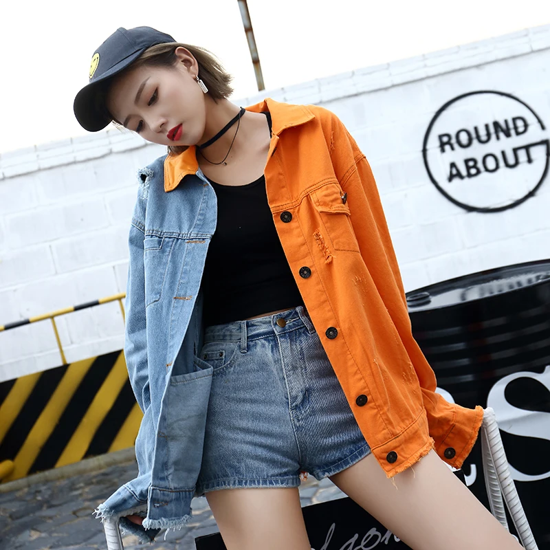 Spring 2020 New High Street Fashion Contrast Color Stitching Orange Hole Letter Denim Jacket Women Coat Roupas Feminina Chaqueta