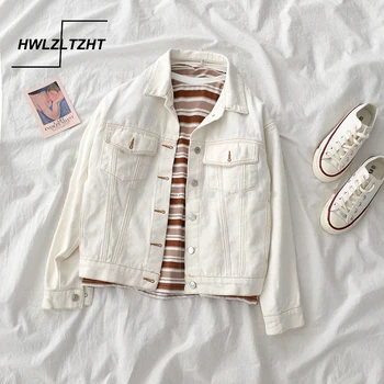 

HWLZLTZHT Jeans Jacket Women Loose Beige Basic Coats 2020 Korea Style Denim Jacket For Femme Casual Outerwear Womens Coat