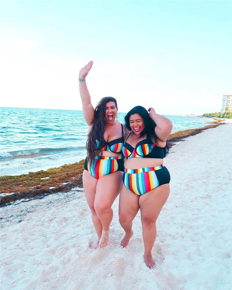 

Plus Size Swimwear Bikini Set Women Rainbow Striped Bathing Suit V-neck Push Up Padded High Waist Biquini Strech Swimsuit XL-5XL