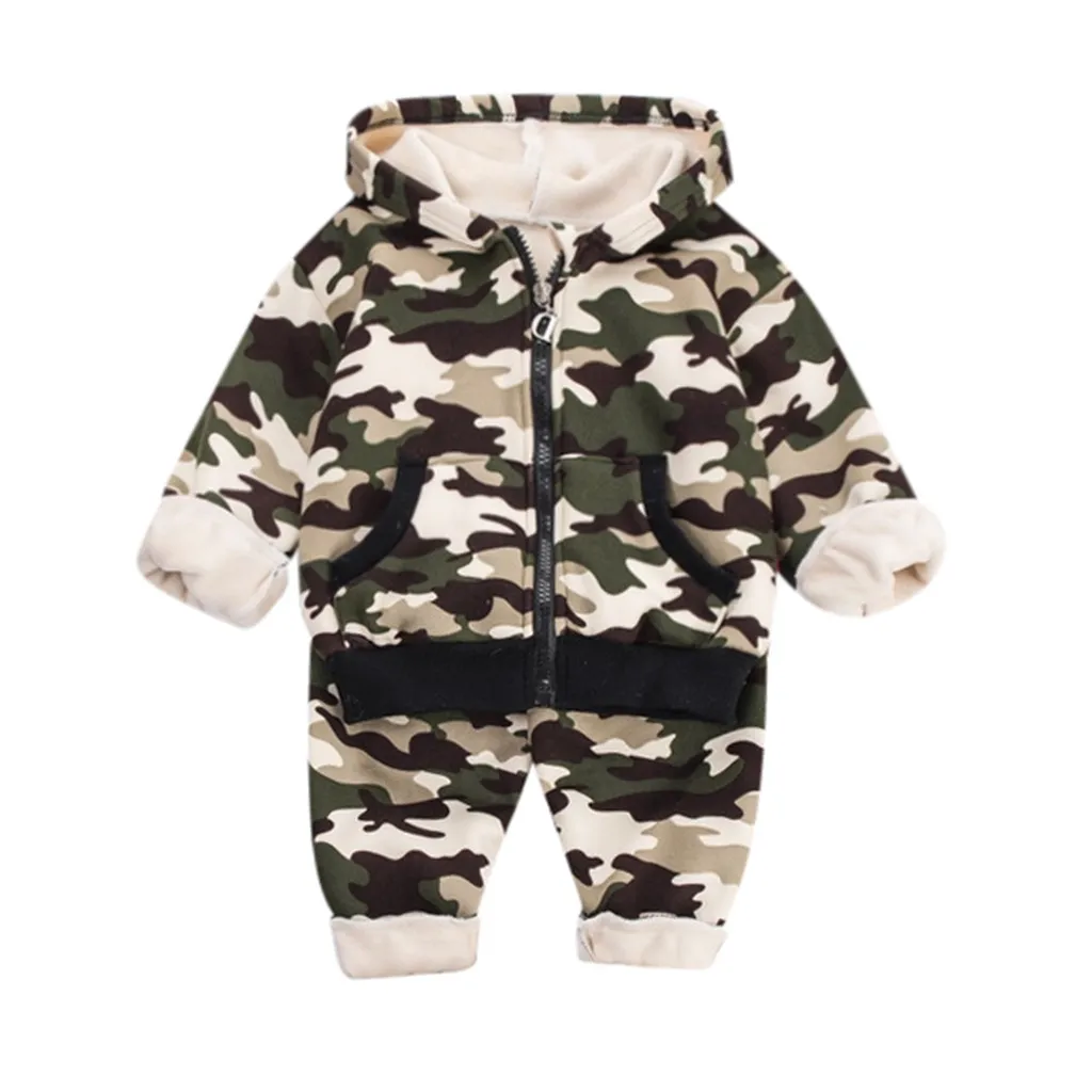 Camouflage Детский спортивный костюм из 2 предметов одежда для маленьких мальчиков и девочек Теплые плотные камуфляжные Топы с капюшоном и штаны комплект одежды для детей от 1 до 5 лет - Цвет: Camouflage