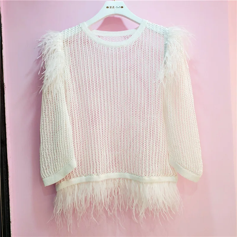 

2020 Summer Fall Clothes Hollow Knitted Shirt Woman New European Korean Style Round Neck Hollow Stitching Feather Knit Jumper