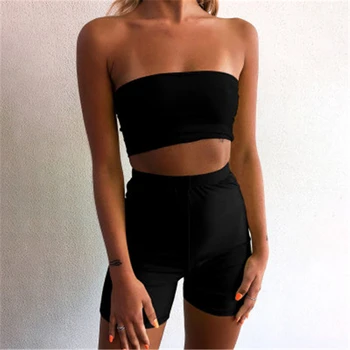 

Womens Sets Casual Shinny Tube Top Shorts Bodycon Two Piece Set Outfits Short Sport Sets Outfits Woman Set Clothing Streetwear