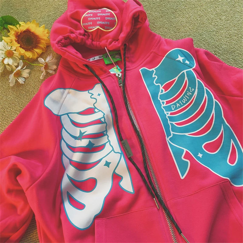 

Zip-up Hoodies Women Kawaii Harajuku Punk Long Sleeve Skeleton Print Oversized Female Hoodie Sweatshirt Gothic Coats Streetwear