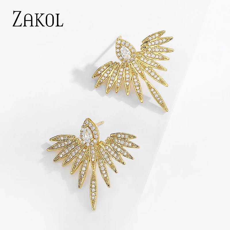 ZAKOL 2020 Elegant Feather Shape White Gold Color High Quality Cubic Zirconia Jewelry Party Stud Earrings for Women FSEP2539