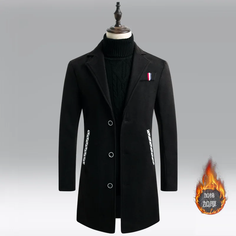 Новое пальто шерстяное длинное теплое Hombre мужские пальто толстые зимние осенние ветровки мужские модные деловые повседневные ветрозащитные термо - Цвет: Thick Black