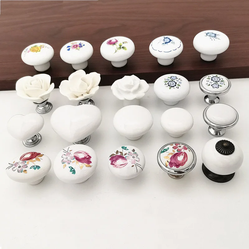Children Room Ceramic Cabinet Pull White Rose Lotus Love Simple Knobs Single Hole Kitchen Furniture Drawer Handle With Flower