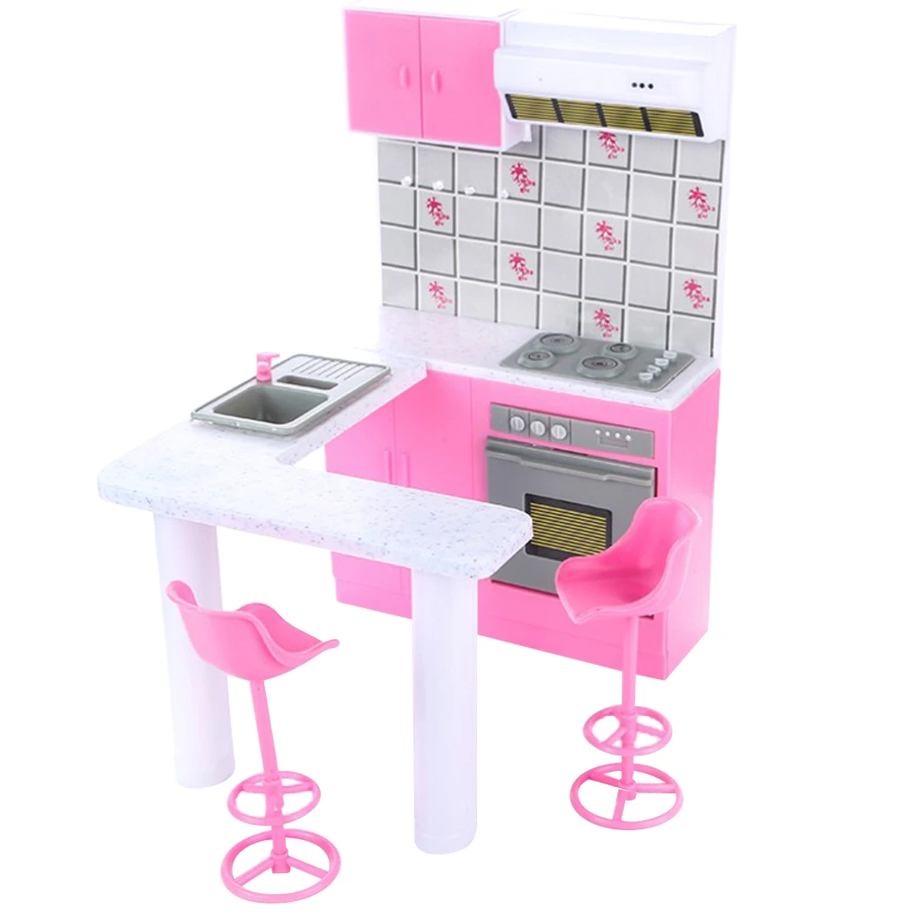

1/6 Dollhouse Kitchen Cabinet Sink, Stove and High Chairs Miniatures Plastic Kitchen Toy for 12inch Blythe BJD Dolls Furniture