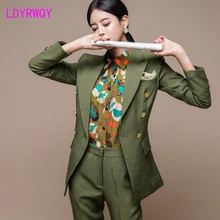 2019 autumn and winter women's double-breasted slim fit blazer + slim trousers suit Office Lady  Double Breasted