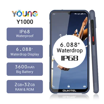 Перейти на Алиэкспресс и купить Смартфон OUKITEL Y1000, прочный, 2 Гб ОЗУ 32 Гб ПЗУ, 6,088 дюйма, Android 9,0, IP68, Waterdrop, MT6580P, 3600 мАч, сканер отпечатка пальца, мобильный телефон