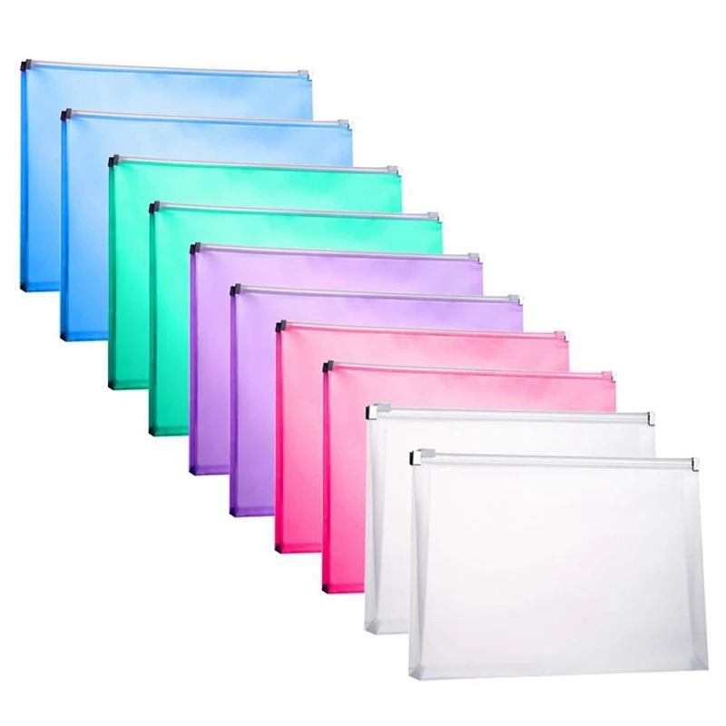 

10 Packs Plastic Zip Envelopes Letter Size Holder File Document Receipt Envelope Folders Assorted Color Office Supplier