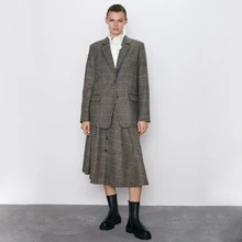 Ladyfirsy ZA клетчатая плиссированная юбка женская Новая Винтажная трапециевидная свободная однобортная английская стильная трендовая Женская юбка