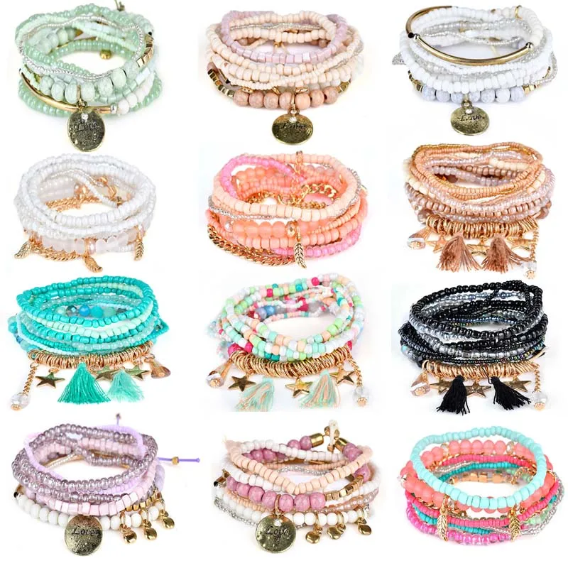 

Fancy Bohemian Multilayer Beaded Bracelet Elastic Tassel Star Christmas Drop Shipping Bracelet Bangle Women Costume Jewelery