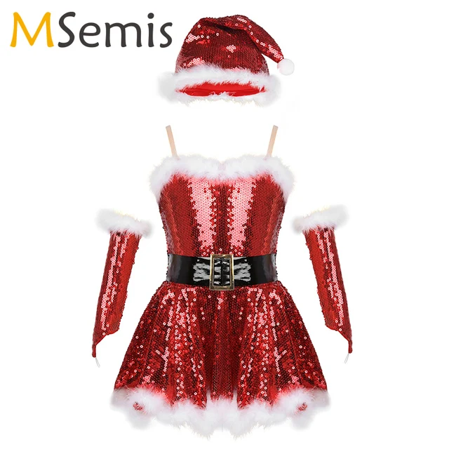 US $19.03 Girls Ballet Leotard Dress Christmas Santa Dance Costume Sequins Figure Ice Skating Roller Skating 