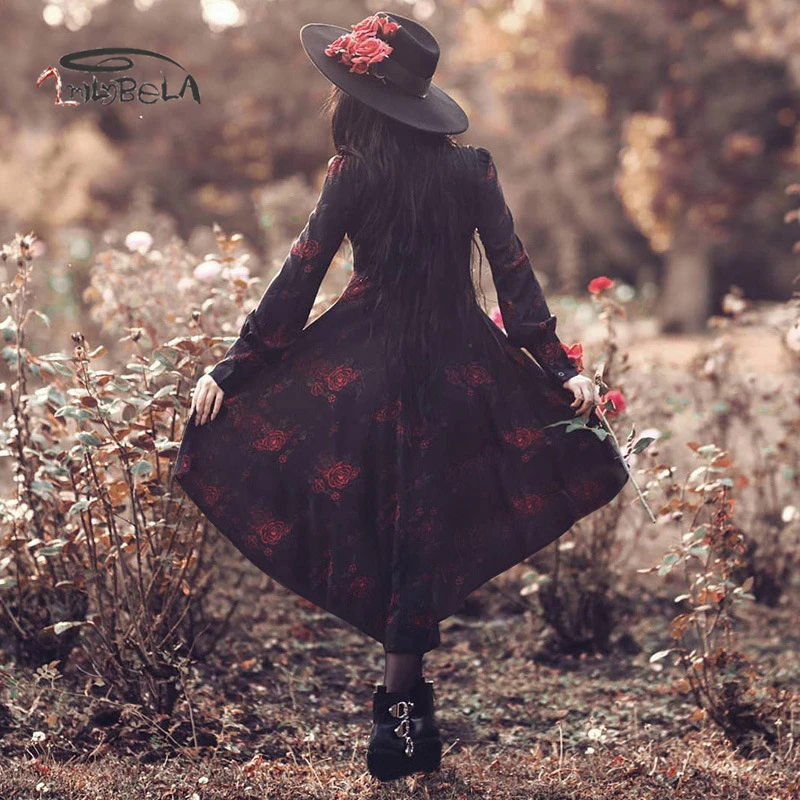 Imily Bela, винтажное готическое макси платье, женское платье-рубашка с отложным воротником, длинным рукавом-фонариком, цветочным принтом розы, весеннее платье Vestidos
