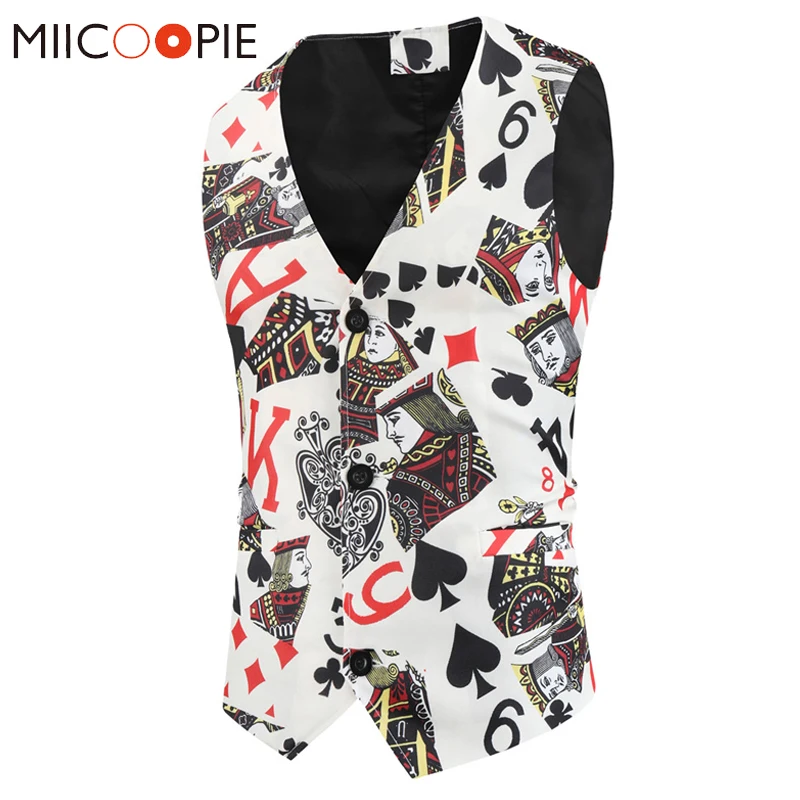 Suit Vest Waistcoat Jacket Casual Sleeveless V-Neck Tuxedo Playing-Cards Slim-Fit Chalecos