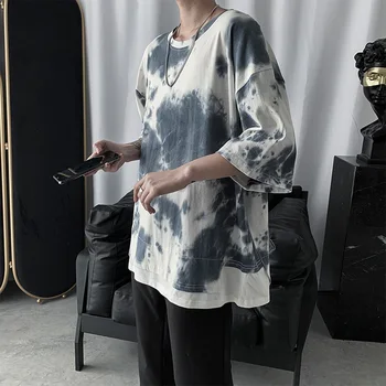 

2020 Summer New Youth Pop Stitching Fake Two Five-point Sleeve T-shirt Fashion Casual Wild Loose Pullover Black / Blue / Green