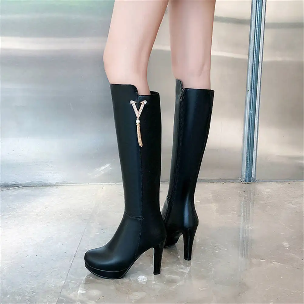 new arrivals big Size 32-43 Chunky High Heels Knee High Boots Woman Shoes Metal Decoration Zip Up Shoes Women Boots