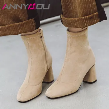

ANNYMOLI Fall Ankle Boots Women Boots Zipper Thick High Heels Short Boots Fashion Square Toe Shoes Ladies Winter Plus Size 3-12