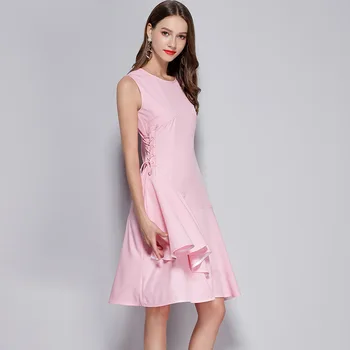 

High Quality Summer Irregular Pink Dress Vestidos Verano 2020 Women Sleeveless Midi Ruffle Dress Robe Femme D2062