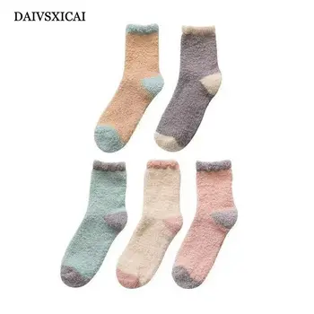 

DAIVSXICA 3pairs/lot=6pieces Winter Coral Fleece Socks Fashion Ladies Color Matching Wild Thickening Warm Towel Socks Womens