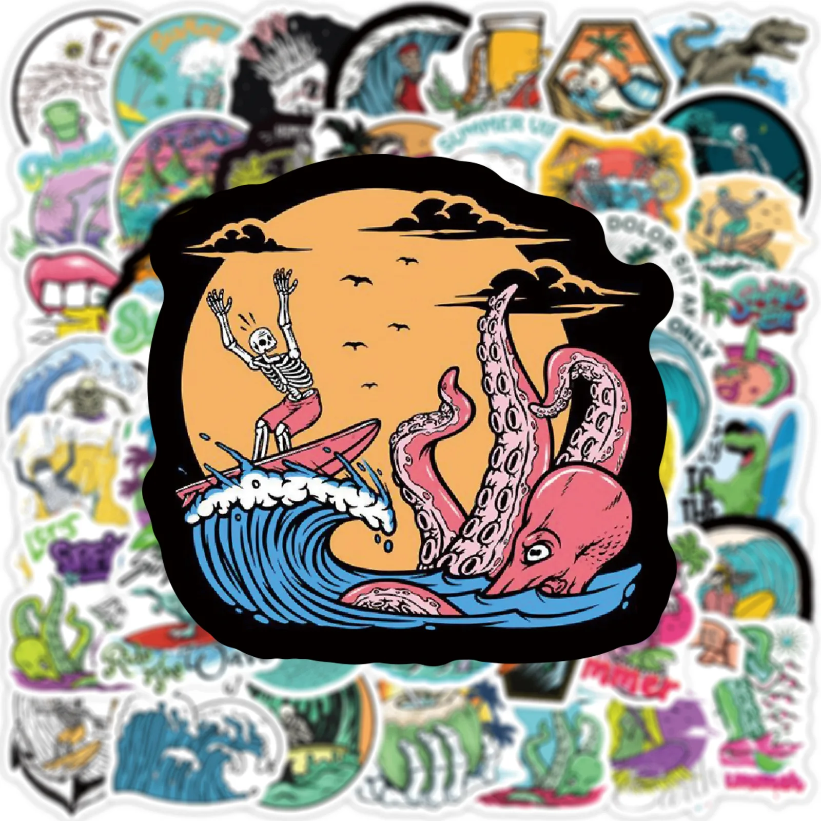 10/30/50pcs Funny Summer Skull Surfing Stickers Beach Travel Graffiti Surf Sticker for Surfboard Laptop Car Bicycle Water Bottle