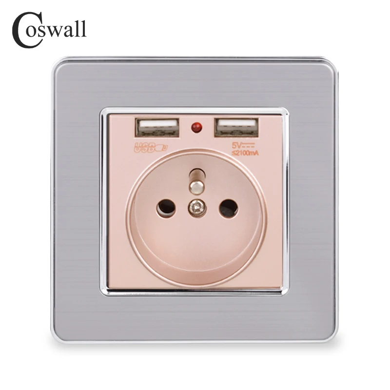 Coswall Dual USB Charge Port 5V 2.1A LED Indicator 16A French Wall Power Socket Stainless Steel Panel Gold Grey Black White |