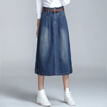 

Denim skirt female mid-length denim long skirt A-line big swing literary style retro solid color over the knee and ankle long sk