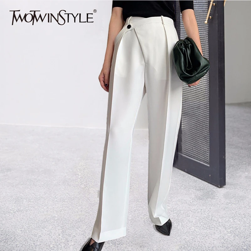 TWOTWINSTYLE Casual Women Pants High Waist Ruched Loose Irregular Long Stragiht Trousers Female Spring Fashion 2020 Clothing New TWOTWINSTYLE Casual Women Pants High Waist Ruched Loose Irregular Long Stragiht Trousers Female Spring Fashion 2020 Clothing New