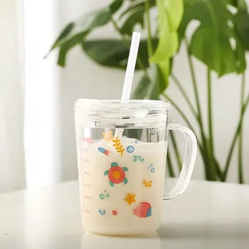 

400ML Cartoon Whale Straw Glass Rabbit Children Scale Cup Elephant Milk Breakfast Mug Turtle With Handle Single Layer Juice Cup