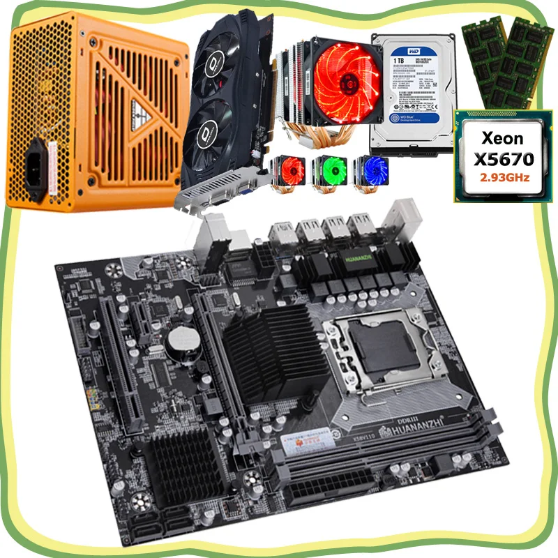 Best Price HUANANZHI computer DIY X58 motherboard with CPU Xeon X5670 with cooler RAM 16G(2*8G) video card GTX750Ti 2G 1TB HDD 500W PSU
