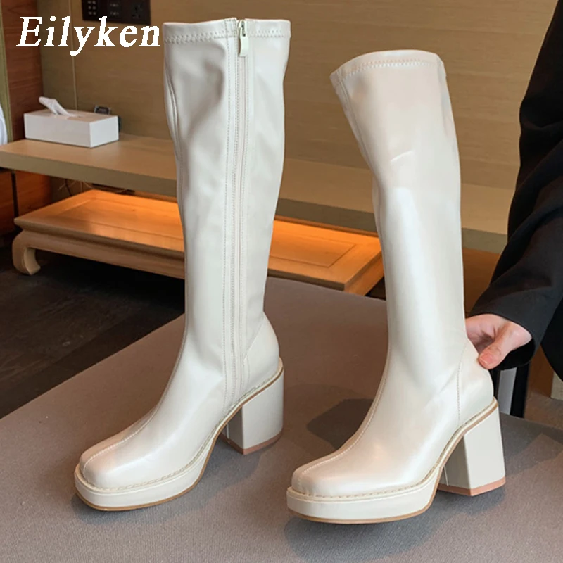 Boots luxury Eilyken New Knee High Boots Women Square Heel Casual Winter Long Boot Shoes Ladies Round Toe Zip Fashion Cool Knight Booties flat ankle boots Boots