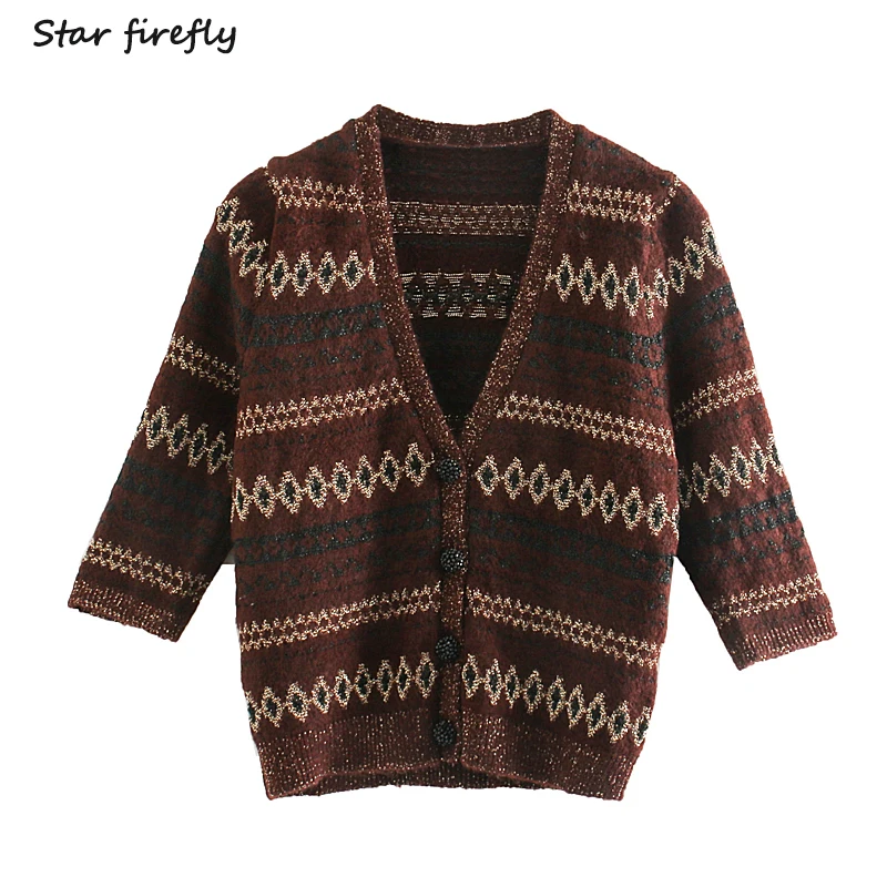 

Star Firefly Fashion Za Cardigan Women 2019 Spring Autumn Retro Artificial Stone Button Five-point Sleeve V-neck Stripe Cardigan