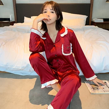 

2020 Long Sleeve Silk Pajamas Set Flowers Print Sleepwear Autumn Winter Women Nightwear Casual Home Cloth Soft Pajamas for Women