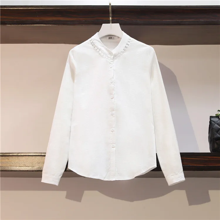 

2020 New Long Sleeve Blouse Women Casual Solid Lapel Cotton Linen Shirts Elegant Work OL Hollow Out Tunic Tops Blusas Femme