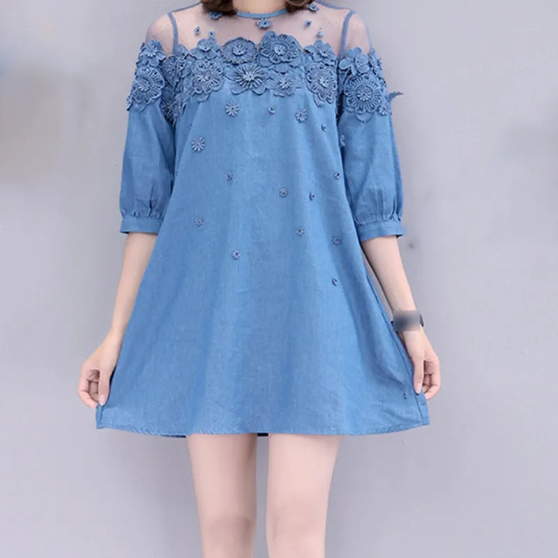 New Patchwork Bead Transparent Mesh Shirt Denim Dress Fall Summer Women Plus Size Short Blue Loose Jeans | Женская одежда