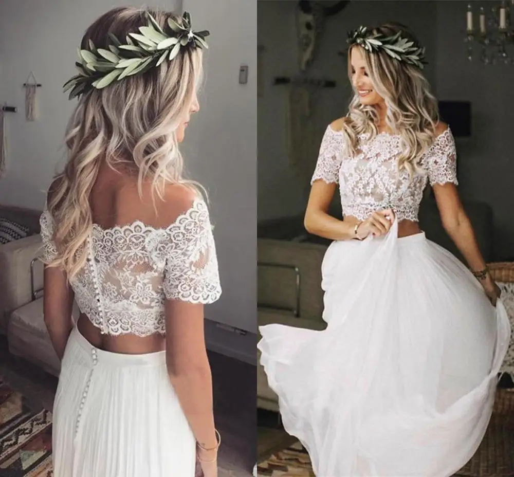 

Modest Two Piece Boho Wedding Dress With Short Sleeves Chiffon Bohemian Beach Wedding Dresses Lace Top vestido de novia LCNM04