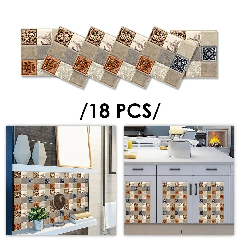 18Pcs Mosaic Self-adhesive Bathroom Kitchen Wall Decor 3D Tile Wall Sticker