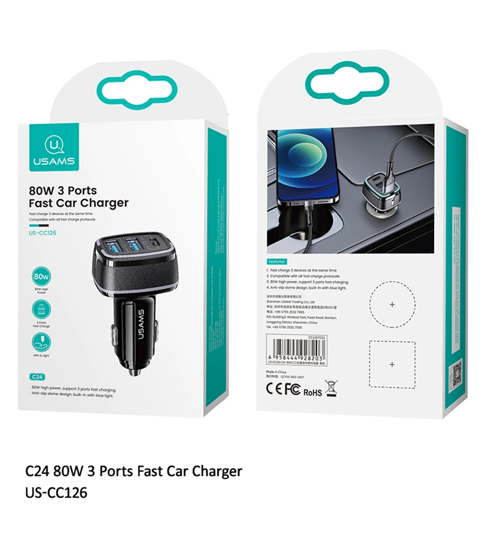 USAMS 80W Car Fast Charger with 3 Ports USB Type C PD 3.0 QC3.0 Quick Charge US-CC126 30 H4f16ae2a15364b83830976bd102b1b56s