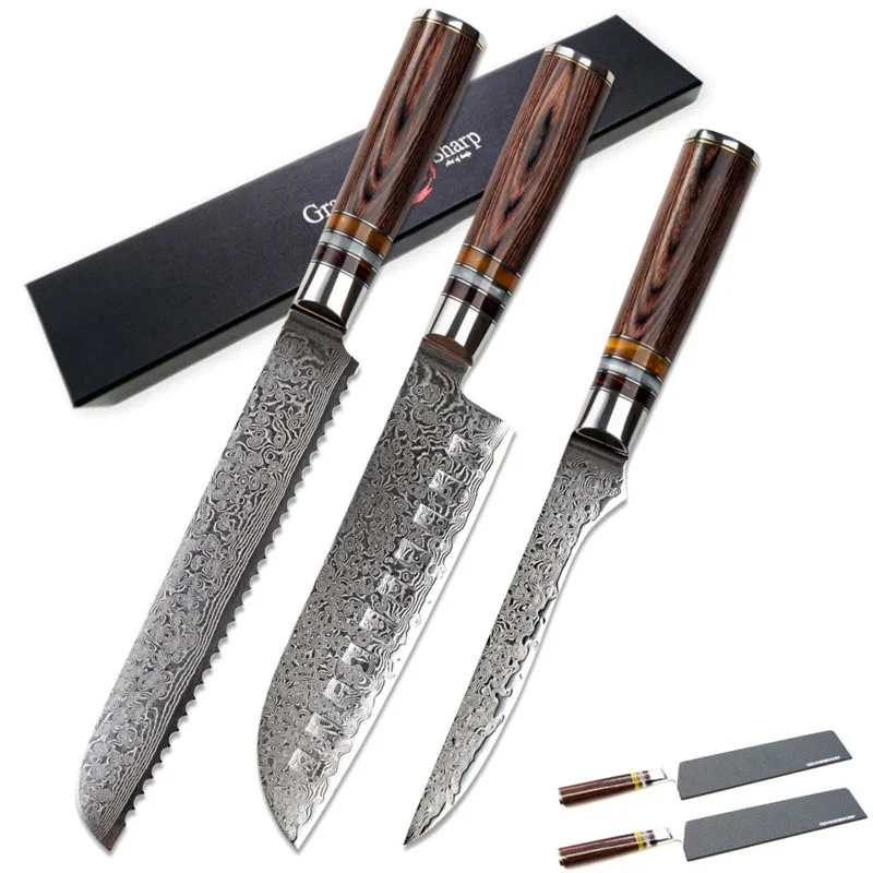 GRANDSHARP 3 шт набор ножей для повара vg10 японской дамасской Сталь Santoku хлеб нож-топорик японский Кухня ножи 67 слоев ножи