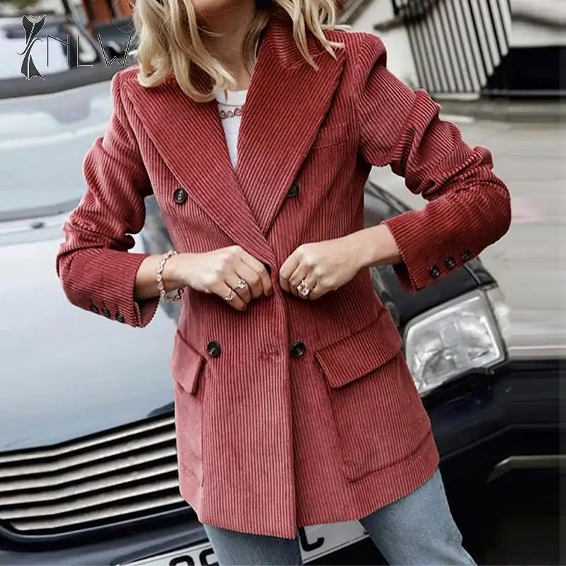 NLW Casual Corduroy Red Blazer Jacket Women Autumn Winter Office Lady Work Blazer Coat Double Breasted Streetwear Blazer