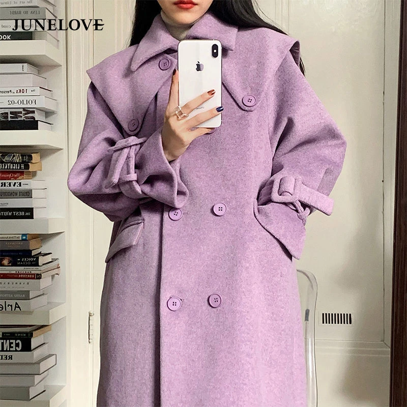 JuneLove abrigos de con doble botonadura para mujer, prendas de vestir con cuello de color púrpura, puños, moda coreana|Lana y mezclas| - AliExpress