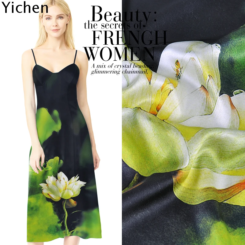 118 см* 125 см натуральный шелк ткань белый лотос черный стрейч шелк атлас шелковое платье-Чонсам ткань эластичный атлас тени