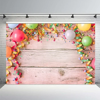 

MEHOFOTO Wood Backdrop for Photo Studio Colorful Balloons Ribbons Candy Children Birthday Party Backgrounds 7x5ft Vinyl