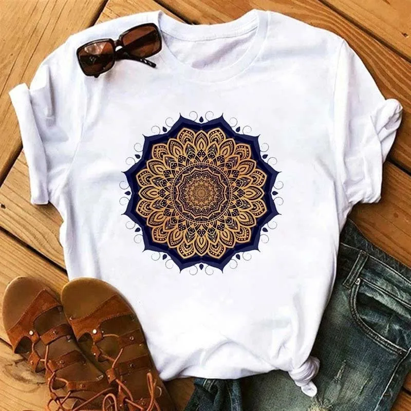 Maycaur New Mandala Floral Printed T Shirt Women Casual Fashion T-shirt Loose Short Sleeve 90s Girls Aesthetics Black Tshirt Top cheap graphic tees Tees